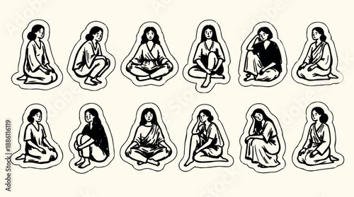 Hand drawn line art sticker set showing seated woman in varied meditative and casual poses with retro ink outline three quarter minimalist