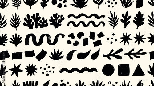 Brush stroke botanical pattern close up with hand painted leaves and abstract shapes on cream background, high contrast seamless repeat texture landscape