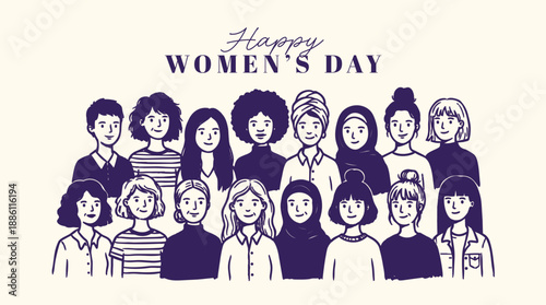 Hand drawn line art group portrait of diverse women standing together celebrating international womens day banner in purple cream tones
