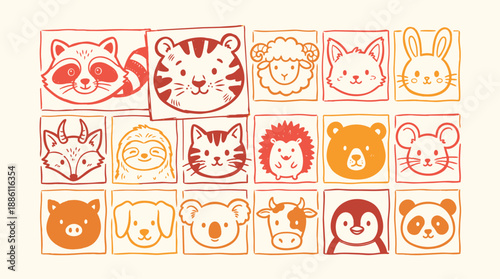 Wallpaper Mural Whimsical kids doodle close up grid of smiling animal faces in hand drawn tiles with warm red orange yellow palette flat design Torontodigital.ca