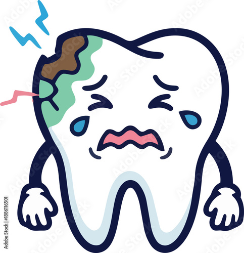 Crying Cartoon Tooth Suffering from Severe Tooth Decay and Pain
