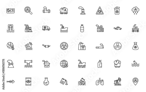 Pollution icon set. Environmental vector icons pack. Includes water pollution, factory, air pollution, global warming, toxic waste, radiation and more. Editable thin line symbols.