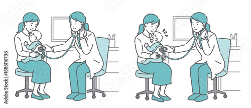 白衣を着た女性医師（小児科医）による赤ちゃんの背中の聴診イラストセット（正常・異常/体調不良）