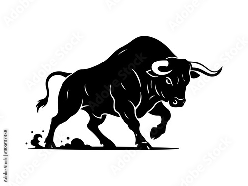 Powerful angry bull silhouette with horns in aggressive charging pose. 