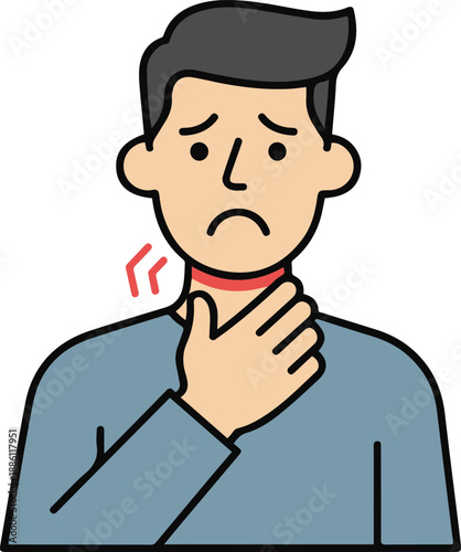 Vector flat line illustration of a man suffering from a sore throat, clutching his inflamed neck with a sad expression and red pain indicators.