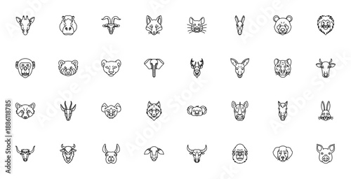 Animal Faces icon set. Minimalist vector illustrations of Giraffe, Hippopotamus, Fox, Lion, Elephant, Deer, Wolf, Koala, Horse, Rabbit, Dog and more wildlife.