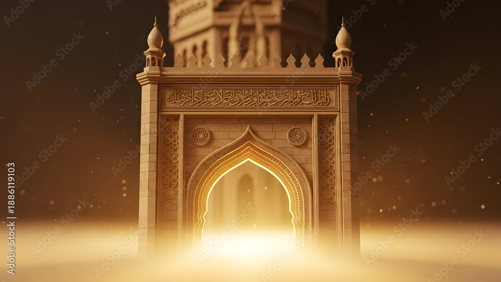 Fototapeta premium Golden light shines through a sacred islamic archway, creating a mystical atmosphere