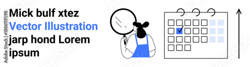 Data analysis, planning, scheduling, time management, research, organization. Person examining with magnifying glass, calendar with checked date. Data analysis and planning concept