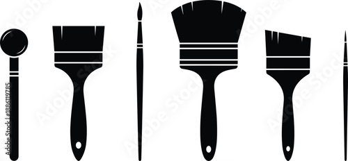 Set of black silhouettes of various paint brushes including flat, round, and fan brushes for artistic painting and home improvement.