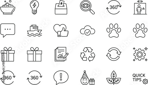 Set of various business and lifestyle line icons featuring 360 degree views light bulbs gift boxes and pets.