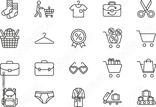 Shopping ecommerce line icon set with retail cart clothing luggage discount delivery symbols minimal outline vector collection