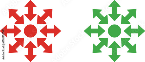 Two stylized circular arrow icons in red and green colors with arrows pointing outward in eight directions.