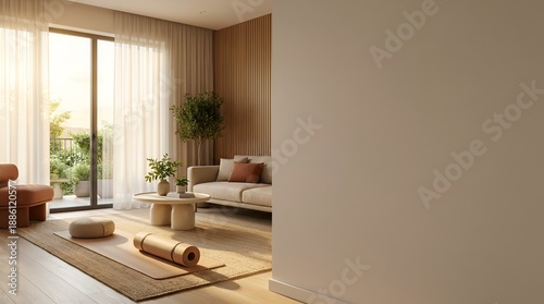 Modern living room interior with yoga mat and natural sunlight