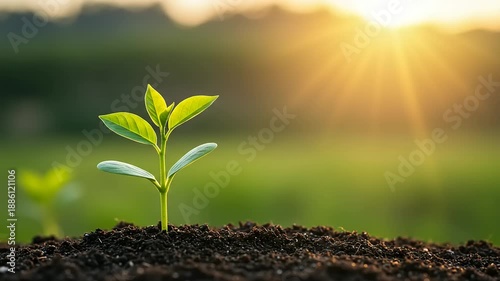 A small green plant grows in rich soil with sunlight shining in the background