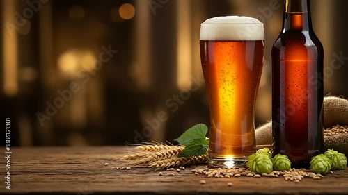 A refreshing glass of beer and bottle on a wooden table surrounded by hops and grains in a brewery setting