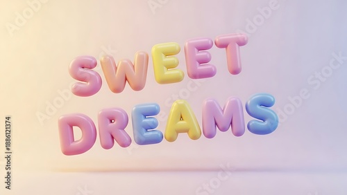 Sweet Dreams: Dreamy text, rendered in soft, pastel colors, float in a serene ambiance, evoking a sense of calm and gentle rest.