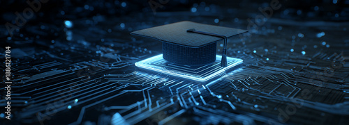 A graduation cap sits atop a glowing CPU set against a dark scene, symbolizing education, technology mastery, innovation, and future.