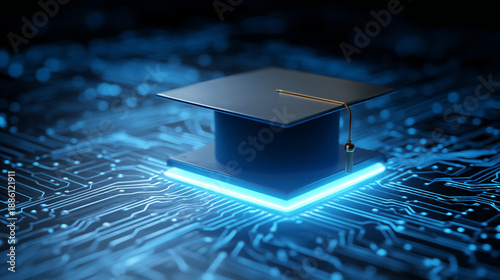 A graduation cap sits atop a glowing CPU set against a dark scene, symbolizing education, technology mastery, innovation, and future.