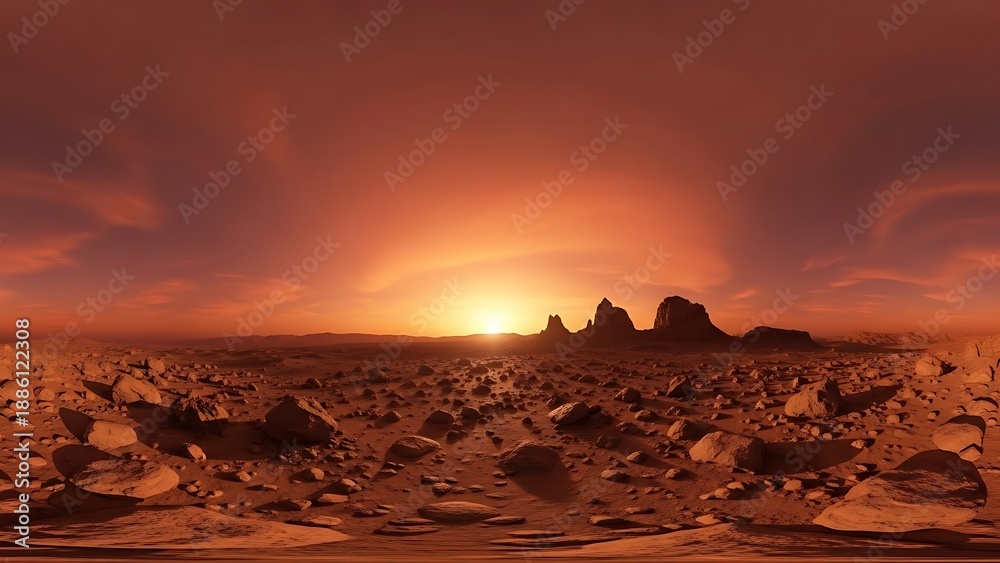Fototapeta premium Sunset and sunrise over a desert landscape with mountains and orange clouds