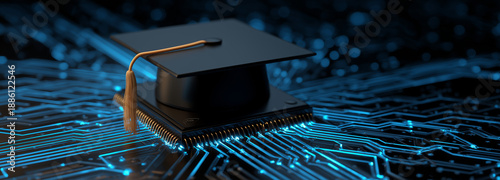 A graduation cap sits atop a glowing CPU set against a dark scene, symbolizing education, technology mastery, innovation, and future.