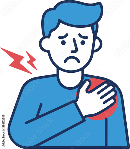 Vector illustration of a man suffering from shoulder pain, clutching his injured joint with red lightning bolts indicating acute pain or inflammation.