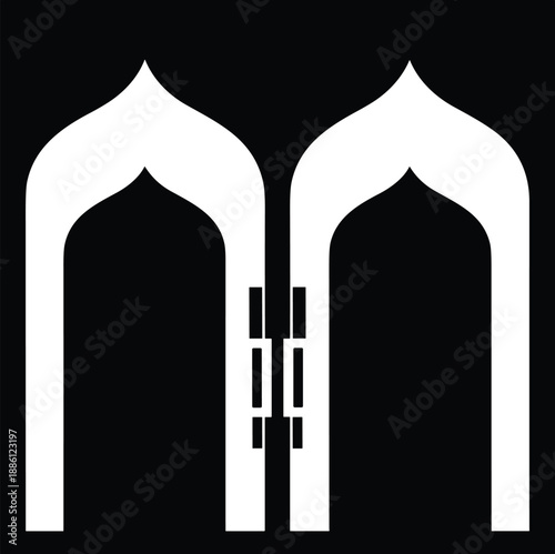 Islamic arch doorway, mosque door silhouette, arabic architecture, symmetry design, black and white, religious entrance, oriental pattern, vector illustration art