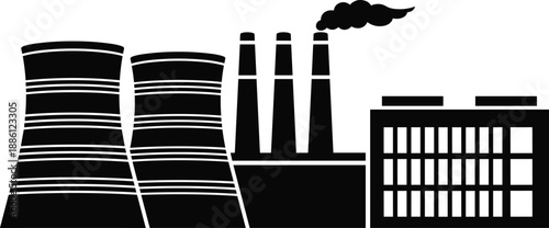 Industrial power plant silhouettes, cooling towers and chimneys, factory building, smoke pollution, energy production, manufacturing industry, isolated on white background