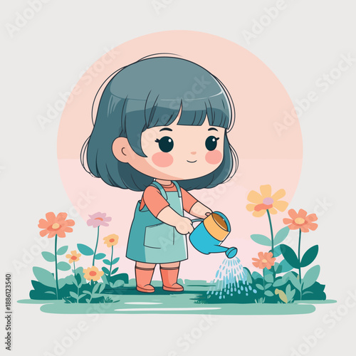 Adorable cartoon girl watering colorful flowers in garden.