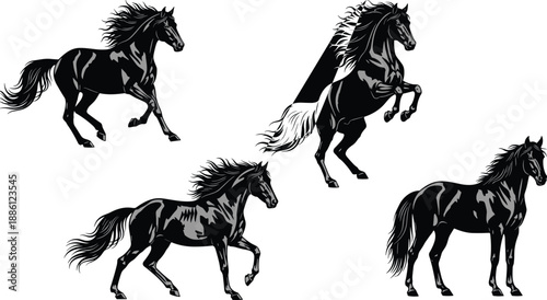 Running horse silhouettes set, wild stallion poses, black and white vector, animal motion art, equine power illustration collection