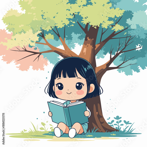 A young girl reading a book under a colorful tree.