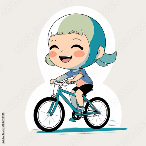 Happy cartoon girl riding a bicycle with joy and excitement.