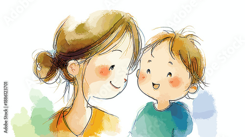Watercolor illustration depicting a mother embracing her happy child with warmth and care. Mother and child smiling showing love and connection