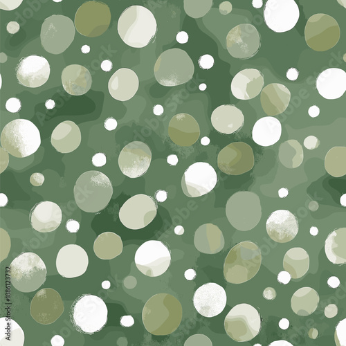 Watercolor green background featuring scattered white and light green polka dots pattern. Watercolor green background with scattered polka dots texture