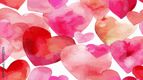 Watercolor hearts creating a seamless pattern in shades of pink and red on a white background. Seamless watercolor heart pattern for Valentine's Day love
