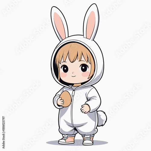Cute cartoon child dressed as Easter bunny holding egg.