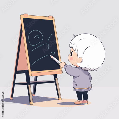 A young child drawing on a blackboard with chalk.