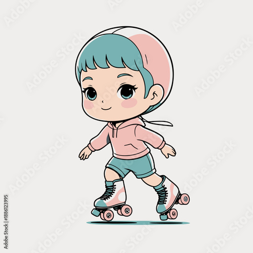 Cartoon girl roller skating with protective gear.