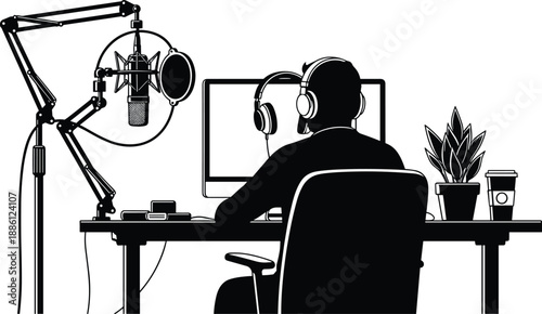 Podcast recording studio silhouette, man with headphones at computer, microphone and pop filter, audio production, broadcasting and digital media illustration