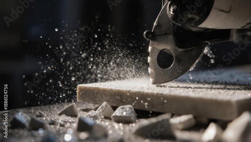 Close-up of a circular saw cutting through a tile, creating dust and debris.