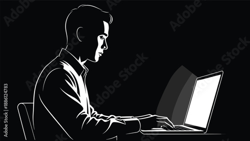 Man working on laptop in dark room, silhouette business professional, night work concept, technology workspace, digital productivity illustration