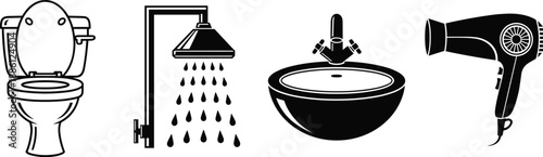 Bathroom icon set, toilet shower sink hair dryer design, hygiene and plumbing concept, black and white vector illustration graphic