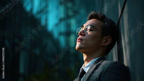 Contemplative Solitude: An individual finds solace leaning against the cold, modern architecture of a building, bathed in an air of introspection. 