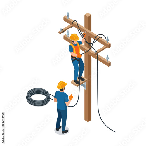 Electricians Working on Utility Pole Maintenance.