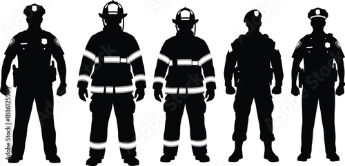 Emergency service silhouettes, police firefighter soldier collection, public safety uniform set, black and white vector illustration design graphic