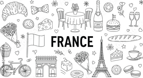 France travel doodle set, Eiffel Tower Paris icons, French food culture symbols, black and white line art, tourism illustration design
