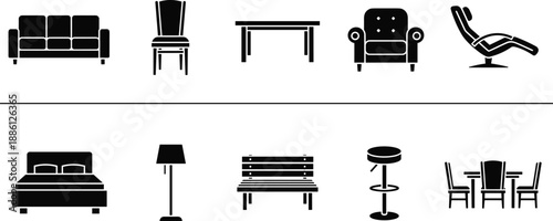 Furniture icon set, home interior elements collection, sofa chair table bed lamp design, black and white vector illustration style