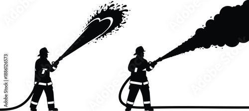 Firefighter silhouette illustration, fire rescue action scene, emergency response concept, black and white vector, safety service design, dramatic hero graphic