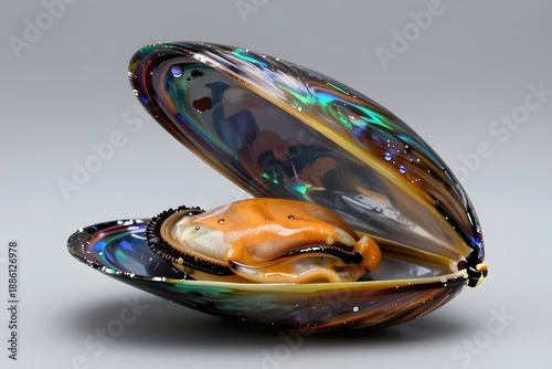 Colorful Iridescent Shell with Mollusk Inside Against a Plain Background