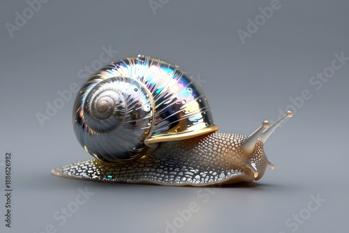 Iridescent Snail with Spiral Shell on Gray Background Showcasing Natural Beauty and Texture