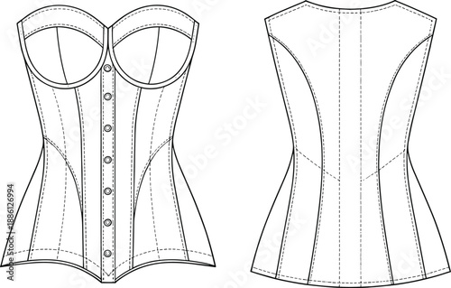 Elegant corset garment technical fashion CAD flat sketch showing front and back structured design details for apparel pattern vector illustration